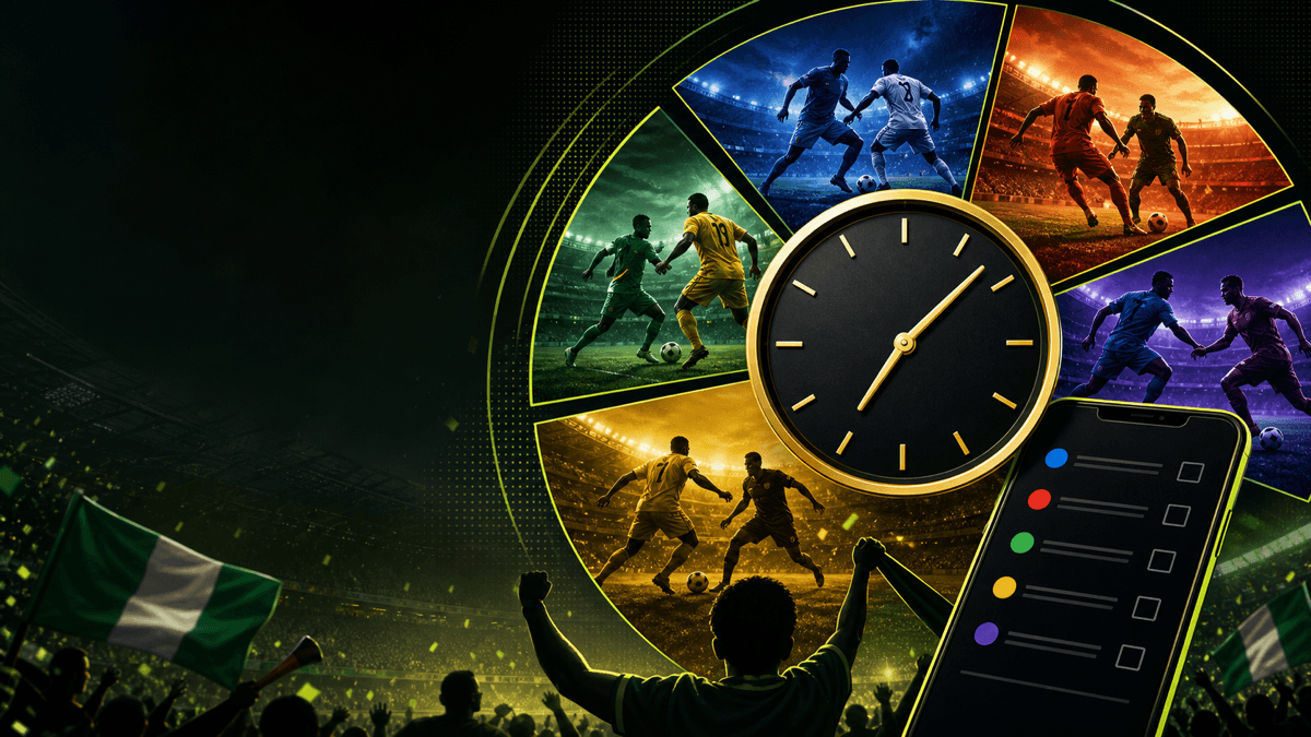 AI-generated utility illustration of a football schedule, clock and Nigerian supporters