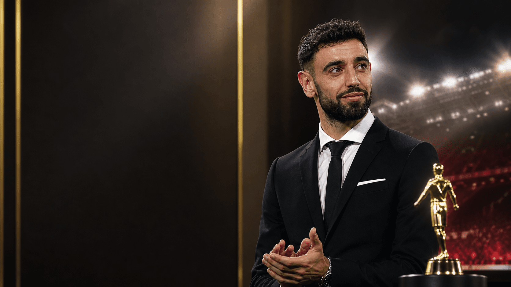 AI editorial awards-night portrait of Bruno Fernandes beside a generic gold football trophy