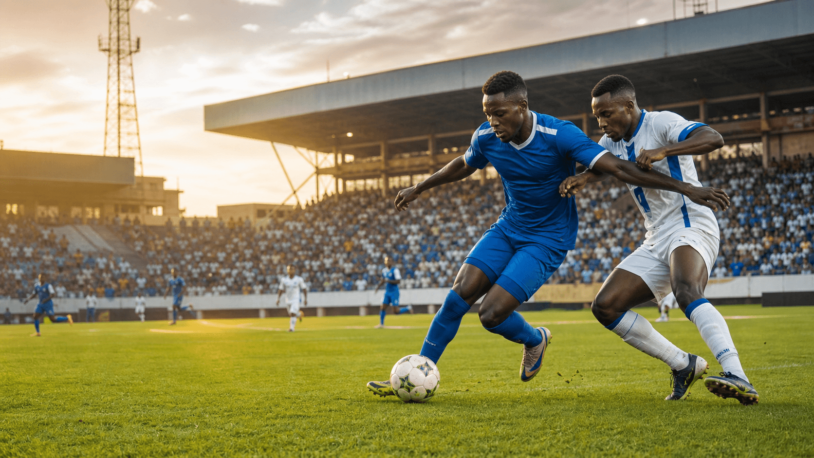AI editorial image of anonymous Nigerian footballers contesting possession in a lively Ibadan stadium