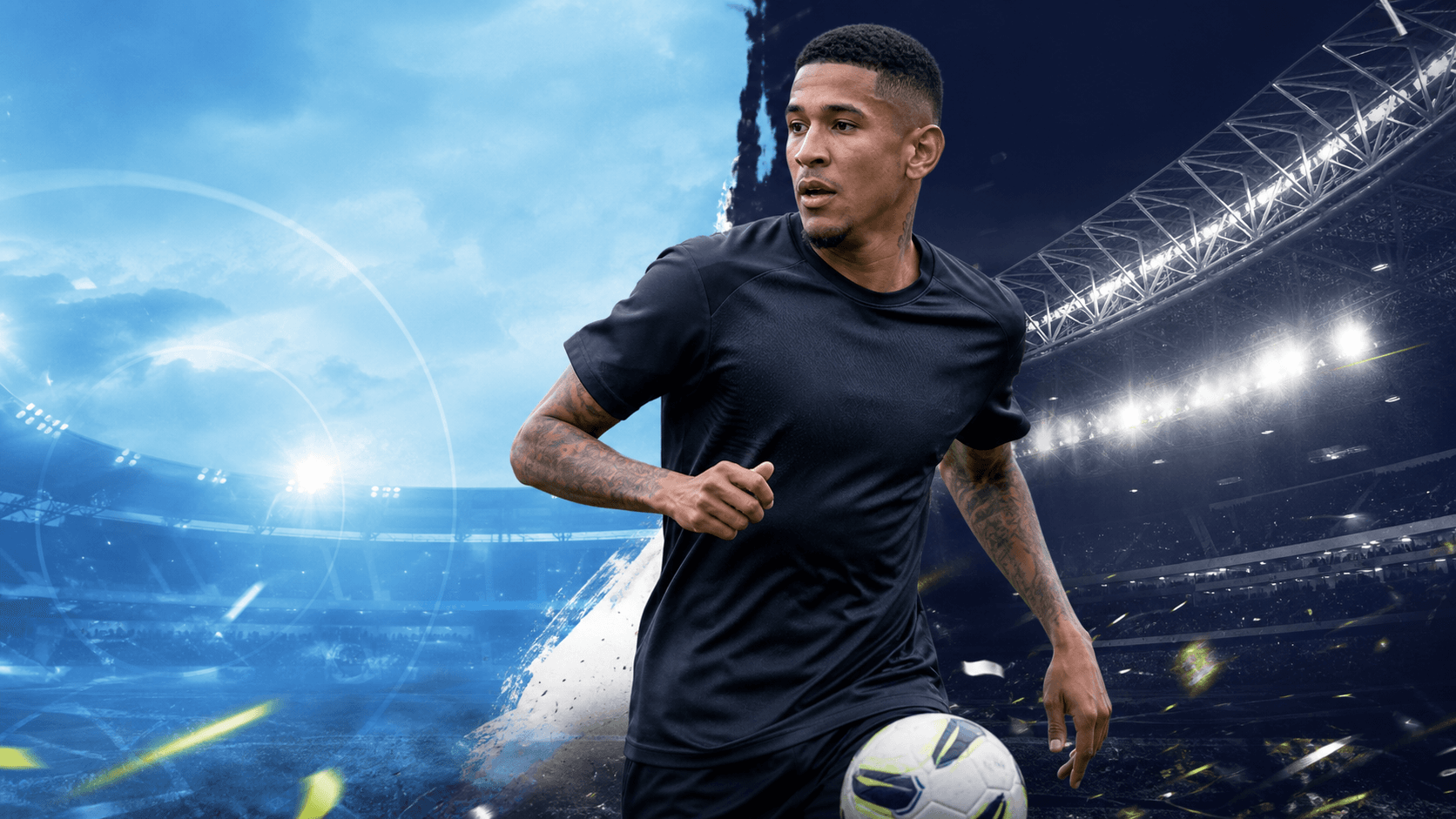 AI editorial action portrait representing Sávio's move from sky-blue to navy surroundings; no official kit is depicted