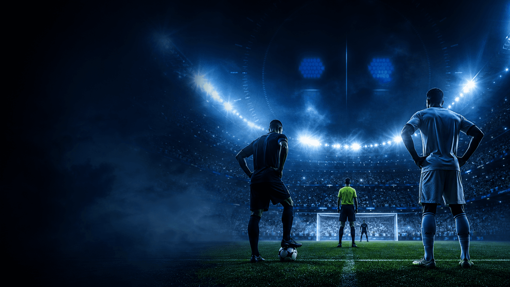 AI editorial image of anonymous footballers waiting for a decisive penalty in a blue-lit stadium