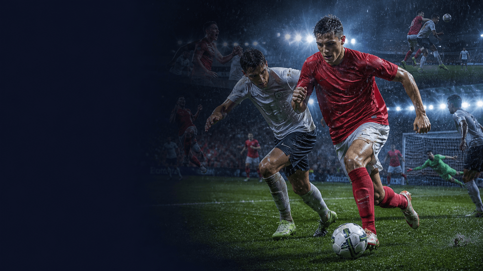 AI editorial cup-night action showing anonymous red and white footballers under rain and floodlights