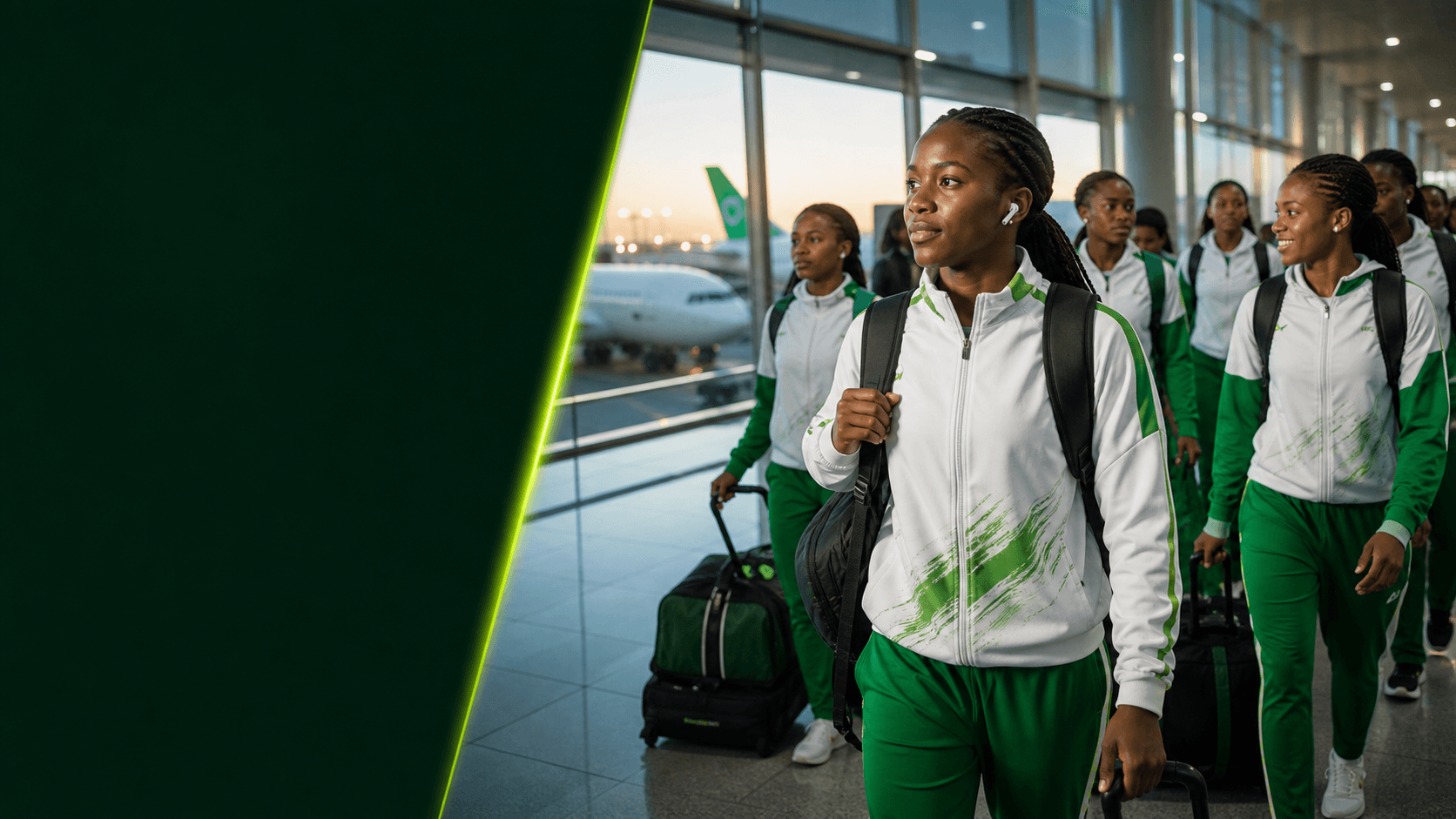 AI editorial image of anonymous Nigerian under-20 women footballers arriving at an airport in green-and-white tracksuits