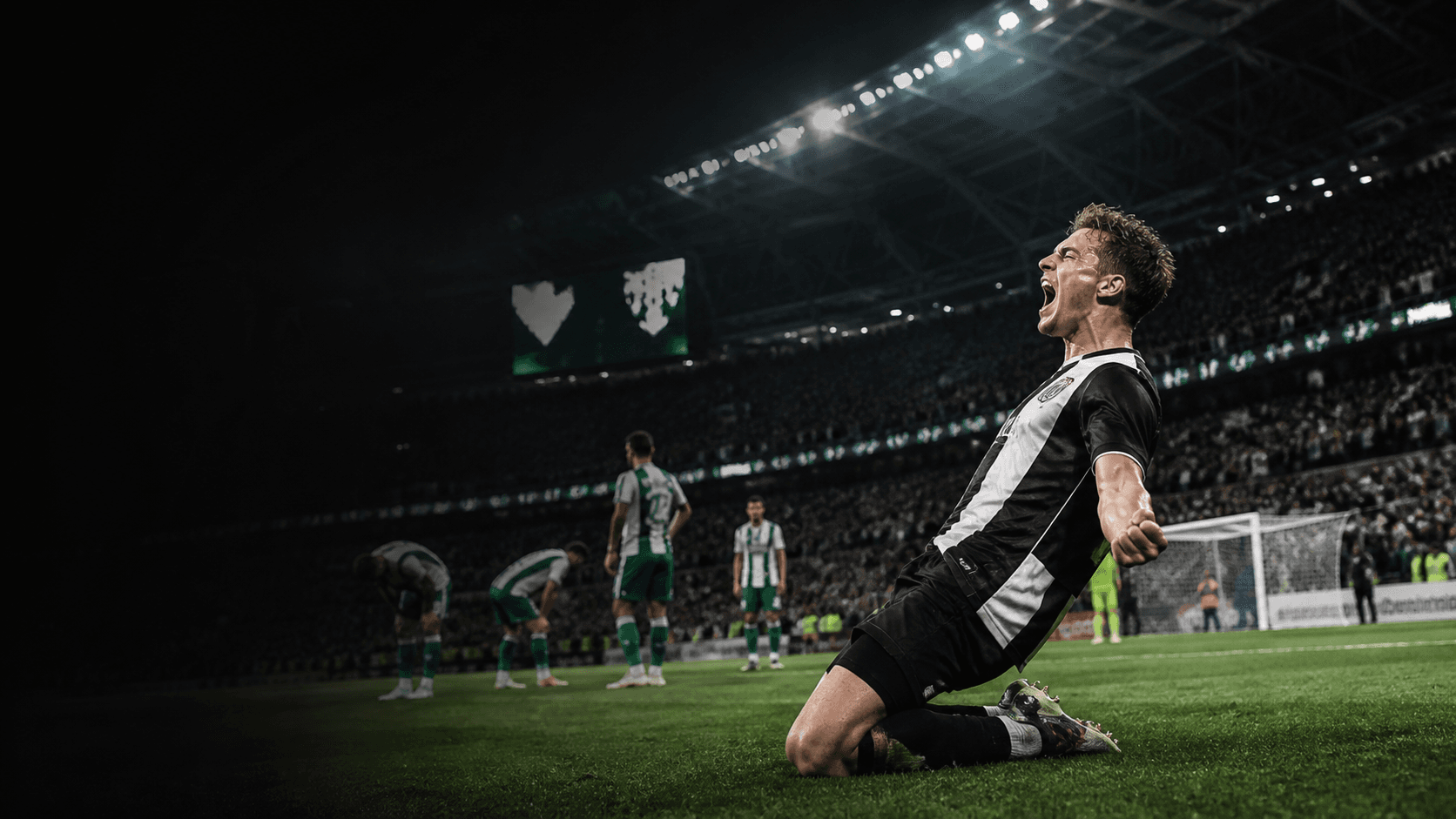 AI editorial image of an anonymous black-and-white footballer celebrating a European comeback against green-and-white opponents