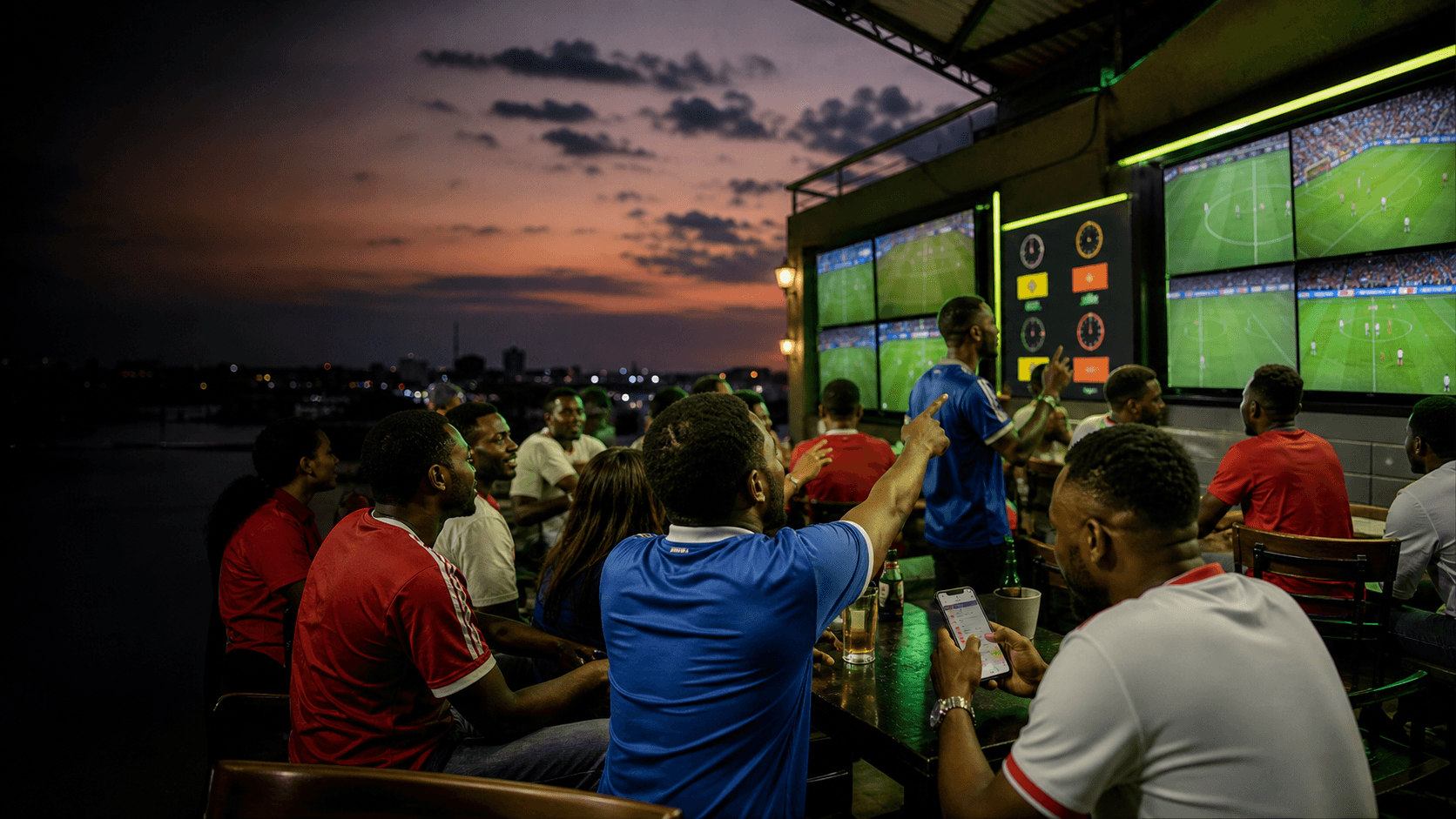 AI editorial image of Nigerian football fans watching several matches at a Lagos viewing centre