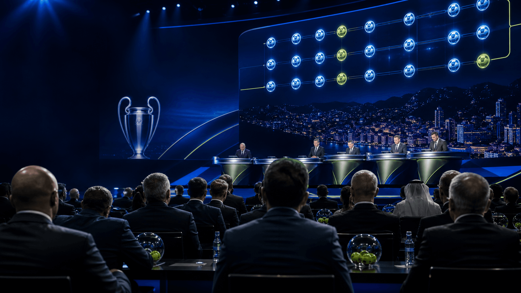 AI editorial image of a European football draw stage in Monaco with abstract football spheres and no official logos