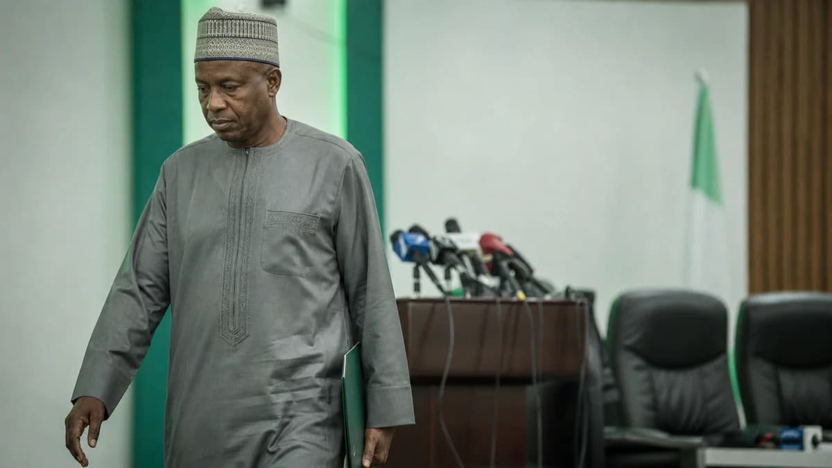 AI editorial scene of a Nigerian football administrator leaving an Abuja press room after a leadership announcement