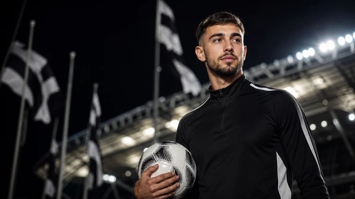 AI editorial portrait representing Nico González in a black training top outside a black-and-white stadium