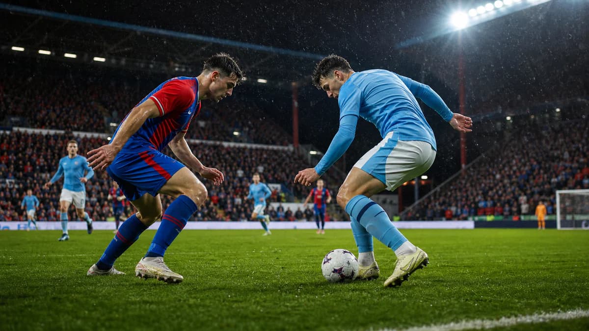 AI editorial action scene of anonymous red-blue and sky-blue footballers competing under Selhurst-style floodlights