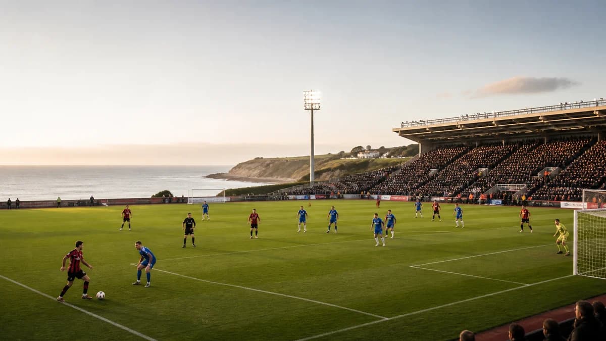 AI editorial football scene of anonymous red-black and blue teams contesting a wide area in a coastal stadium