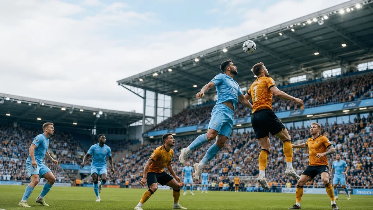 AI editorial scene of anonymous sky-blue and amber footballers contesting a midfield header
