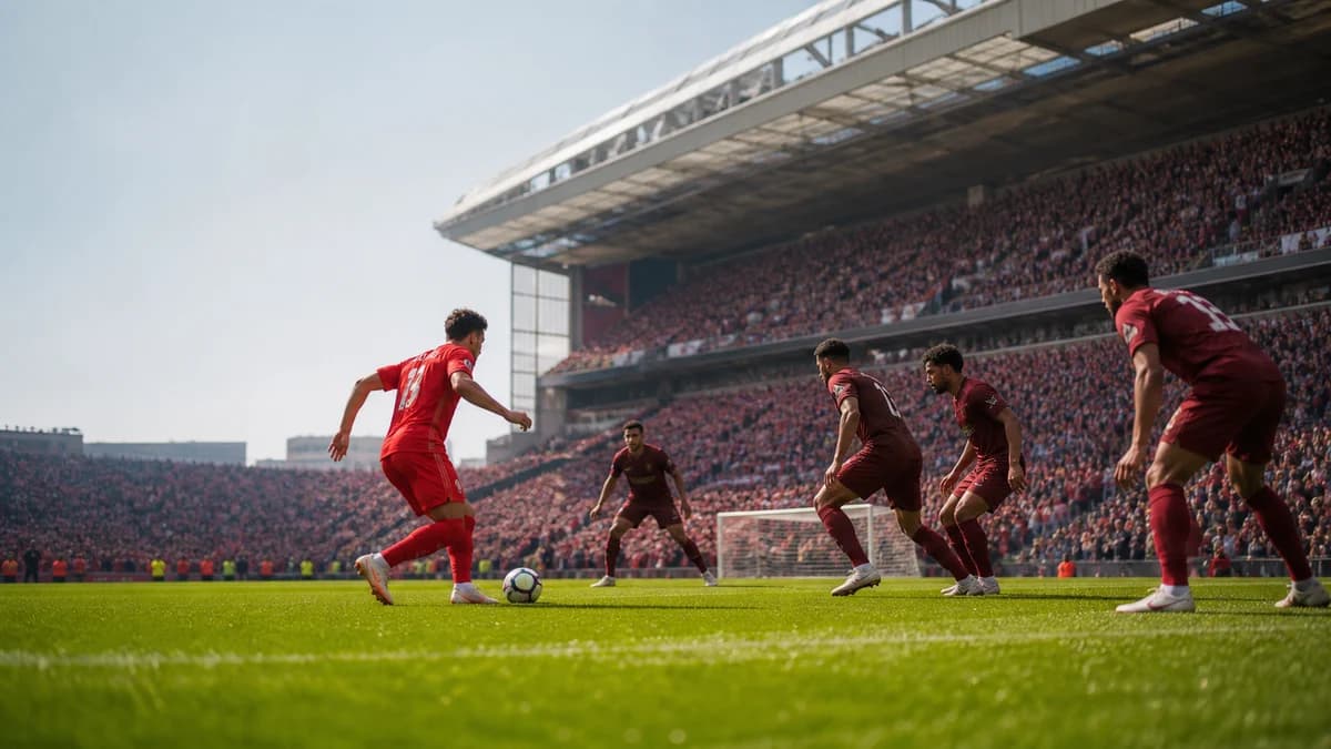 AI editorial football scene of anonymous red attackers facing a compact dark-red defence at a packed stadium