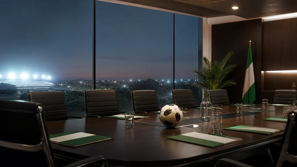 AI editorial image of an empty Nigerian football administration boardroom during a leadership transition