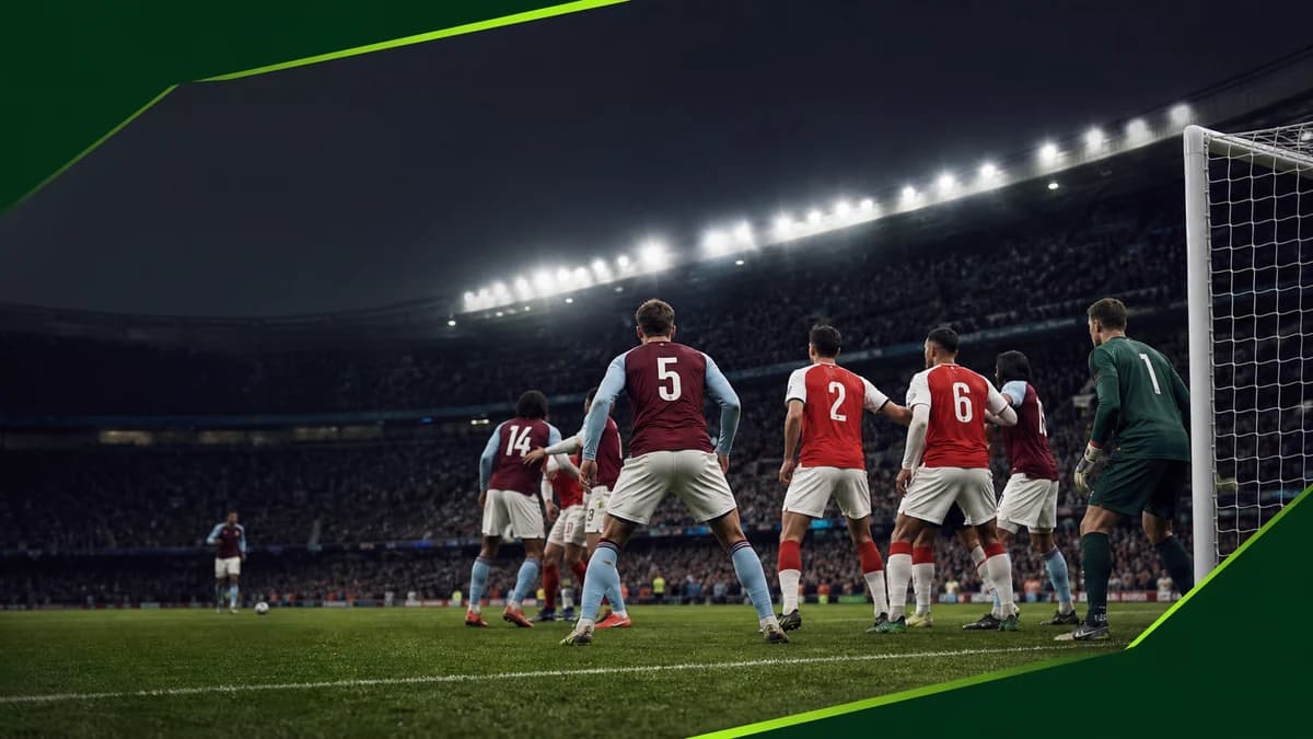 AI editorial set-piece scene with anonymous claret-blue and red-white footballers under Birmingham floodlights