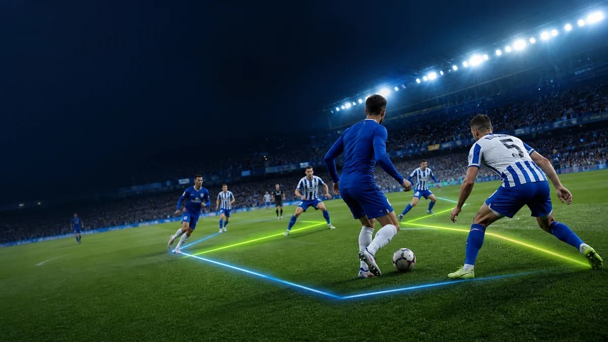 AI editorial football scene of anonymous blue and blue-white teams contesting a pressing zone under floodlights