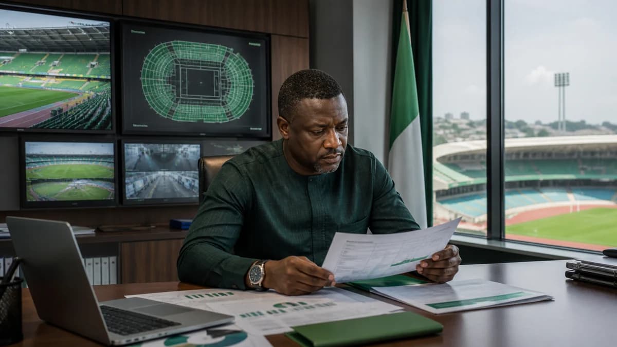 AI editorial image of a Nigerian football operations administrator reviewing league documents beside a stadium