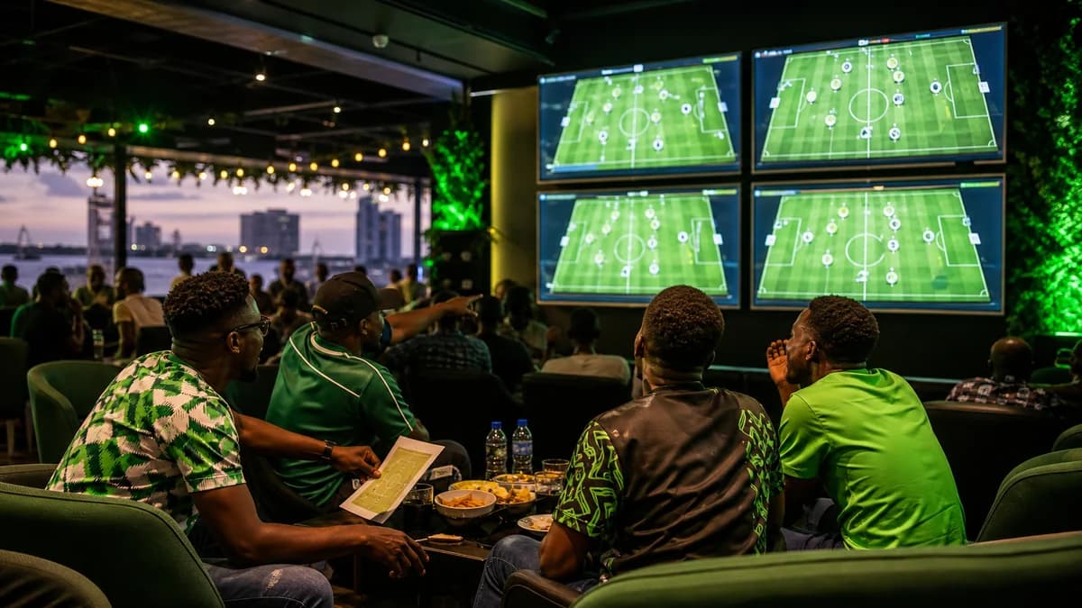 AI editorial scene of Nigerian football fans studying four match screens in a Lagos viewing lounge