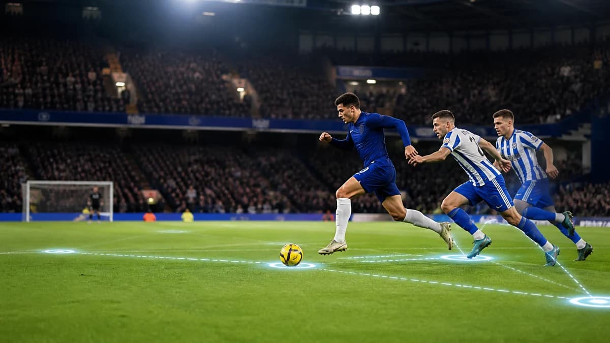 AI editorial football scene of anonymous blue and blue-white players breaking through a high press