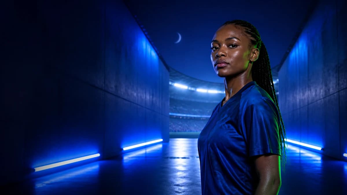 AI editorial interpretation of a Nigerian women’s midfielder entering a blue stadium tunnel; not an official signing photograph