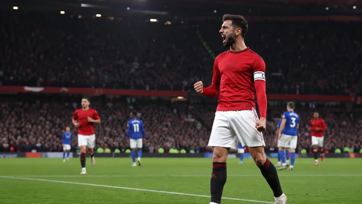 AI editorial football scene of anonymous red attackers celebrating under Old Trafford floodlights
