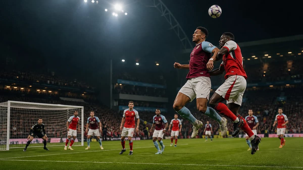 AI editorial football scene of anonymous claret-blue and red-white players contesting a set piece at Villa Park