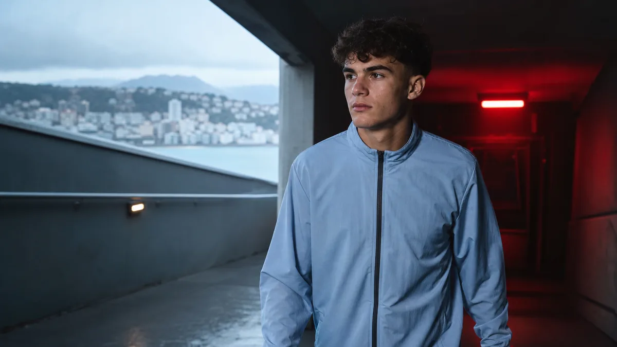 AI editorial interpretation of Stefan Bajcetic in a plain sky-blue training jacket near a Vigo stadium tunnel; not an official presentation photograph