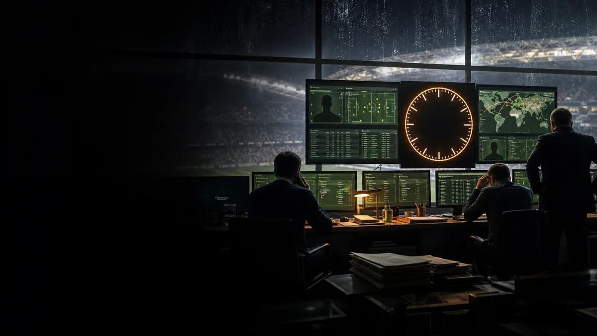 AI-generated editorial football recruitment control room with anonymous staff, monitors and a countdown clock