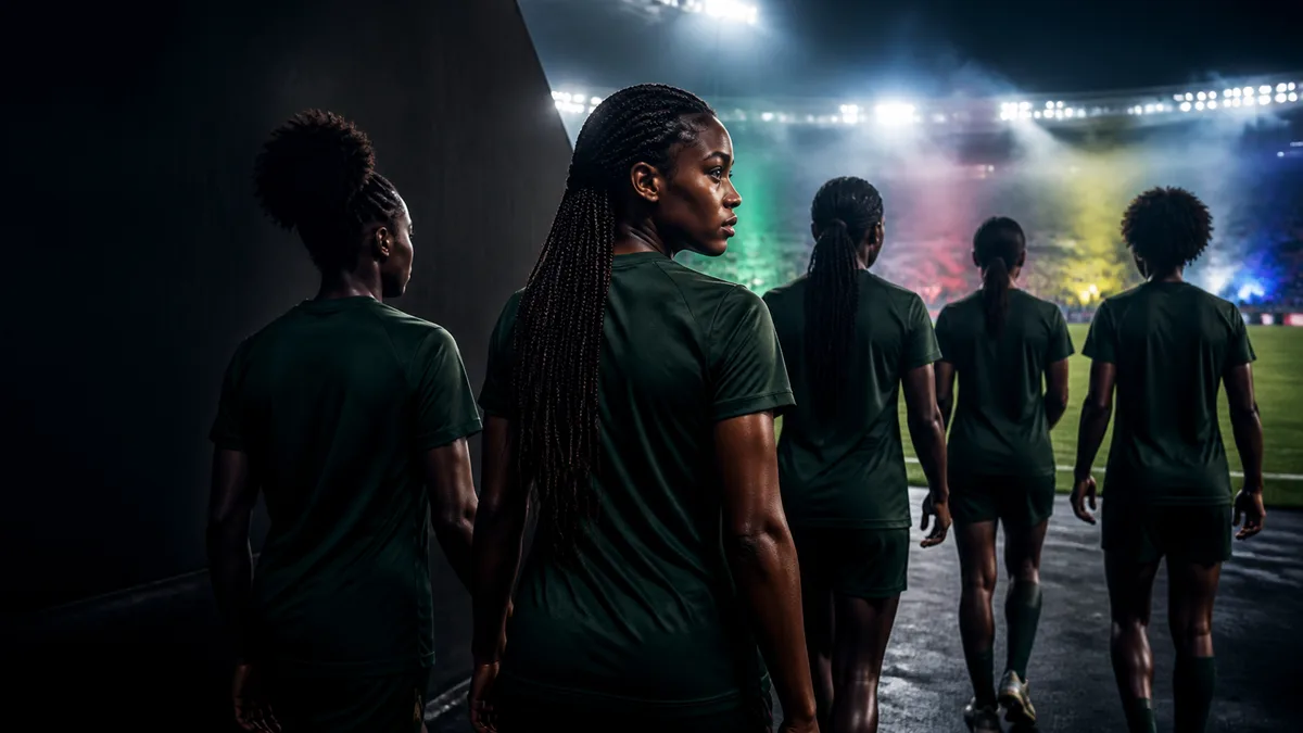 AI editorial scene of non-identifiable Nigerian women footballers walking from a stadium tunnel toward a tournament pitch