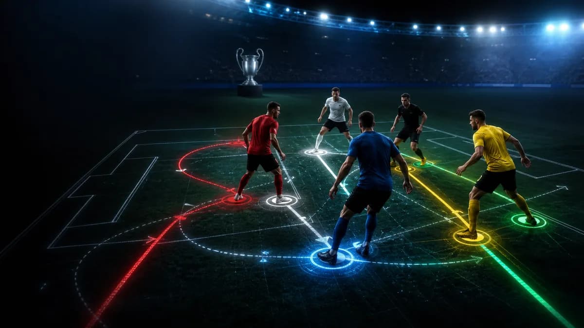 AI-generated tactical editorial scene of anonymous footballers positioned on a glowing stadium pitch map