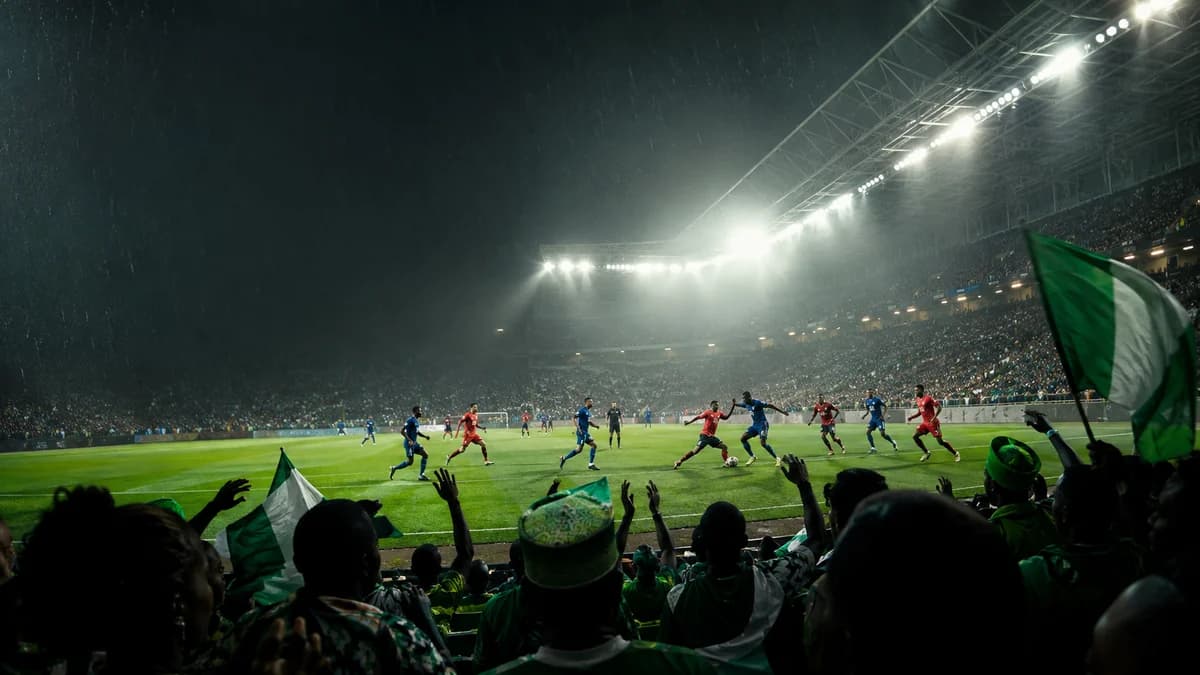 AI editorial football scene with anonymous red and blue teams under rain-lit floodlights and Nigerian supporters