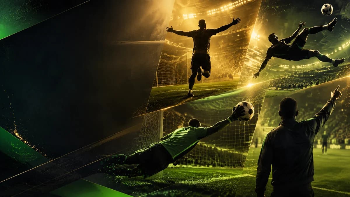 AI editorial montage of anonymous football actions representing player, manager, goal and save awards