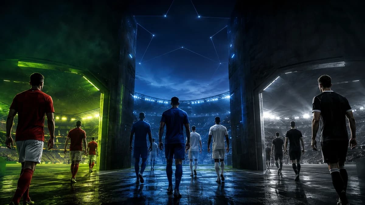 AI editorial scene of anonymous football teams entering three different floodlit stadiums