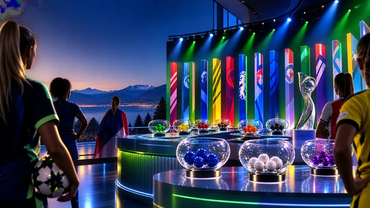 AI editorial women's football draw hall with abstract club-colour columns and transparent draw bowls