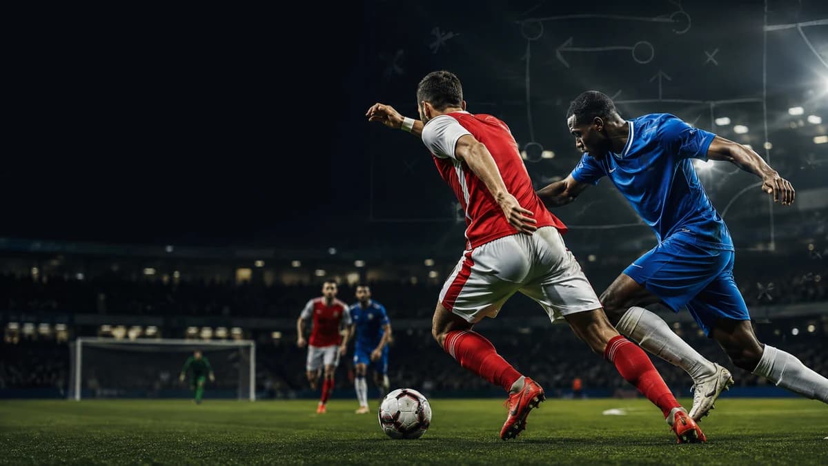 AI editorial tactical scene of anonymous red-and-white and blue football teams