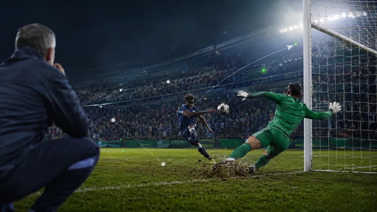 AI editorial football analysis scene showing a shot, goalkeeper and tactical paths
