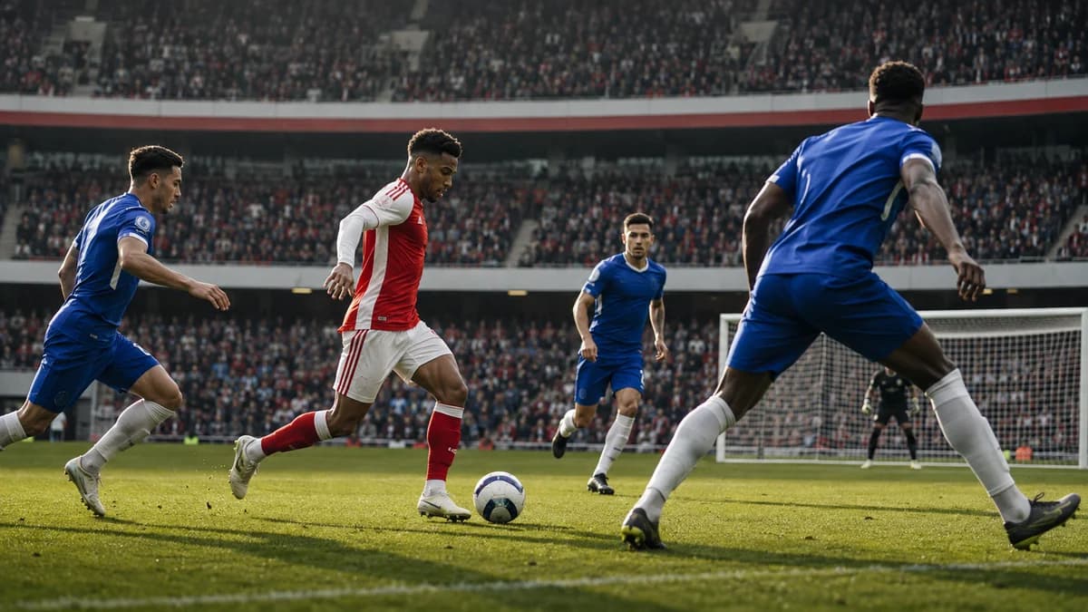 AI editorial scene of anonymous red-white and blue footballers in a London stadium