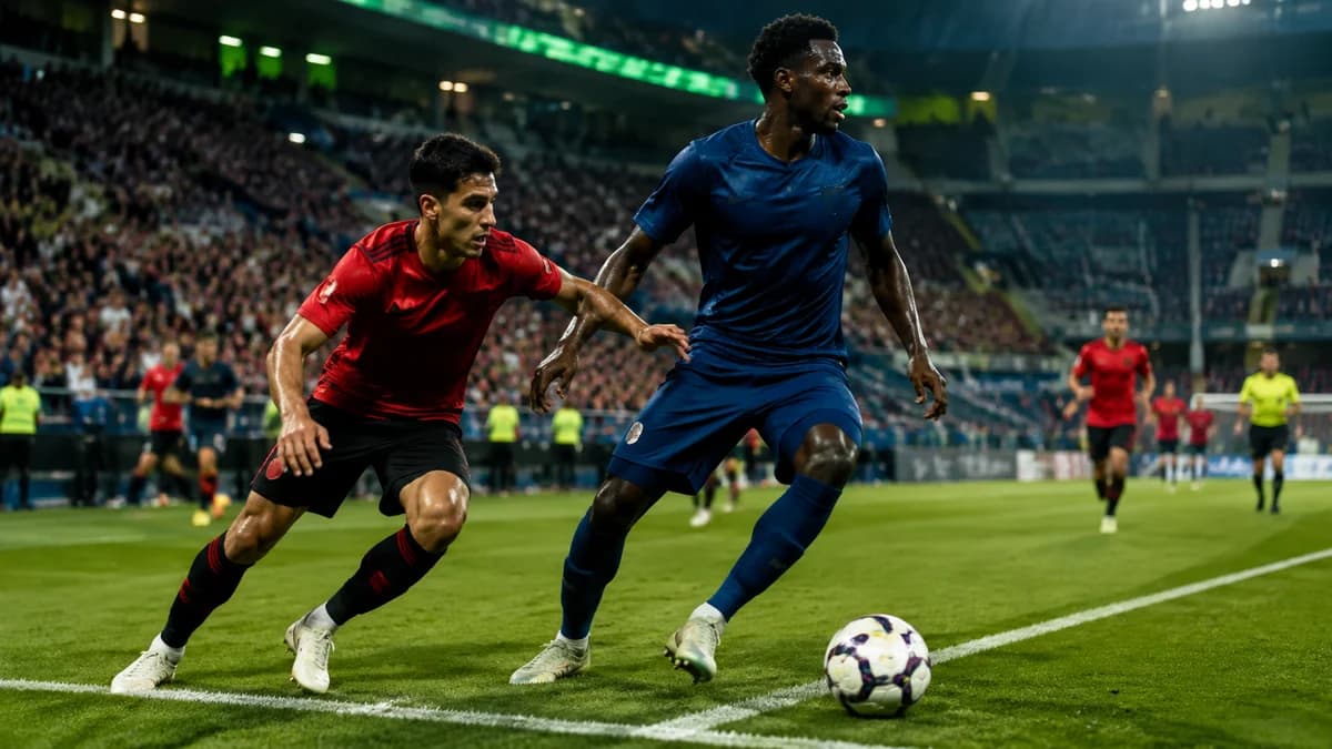 AI editorial scene of anonymous blue and red footballers contesting the ball near the touchline