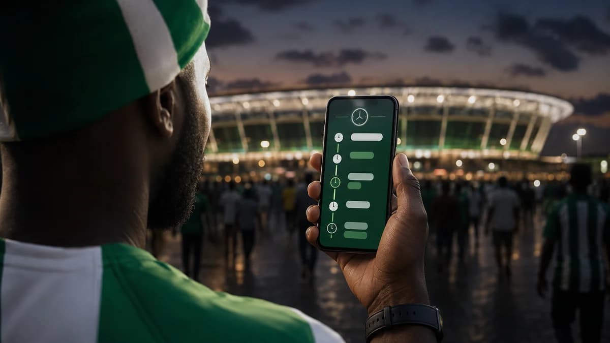 AI editorial scene of a Nigerian fan checking a European matchday schedule on a phone outside a stadium
