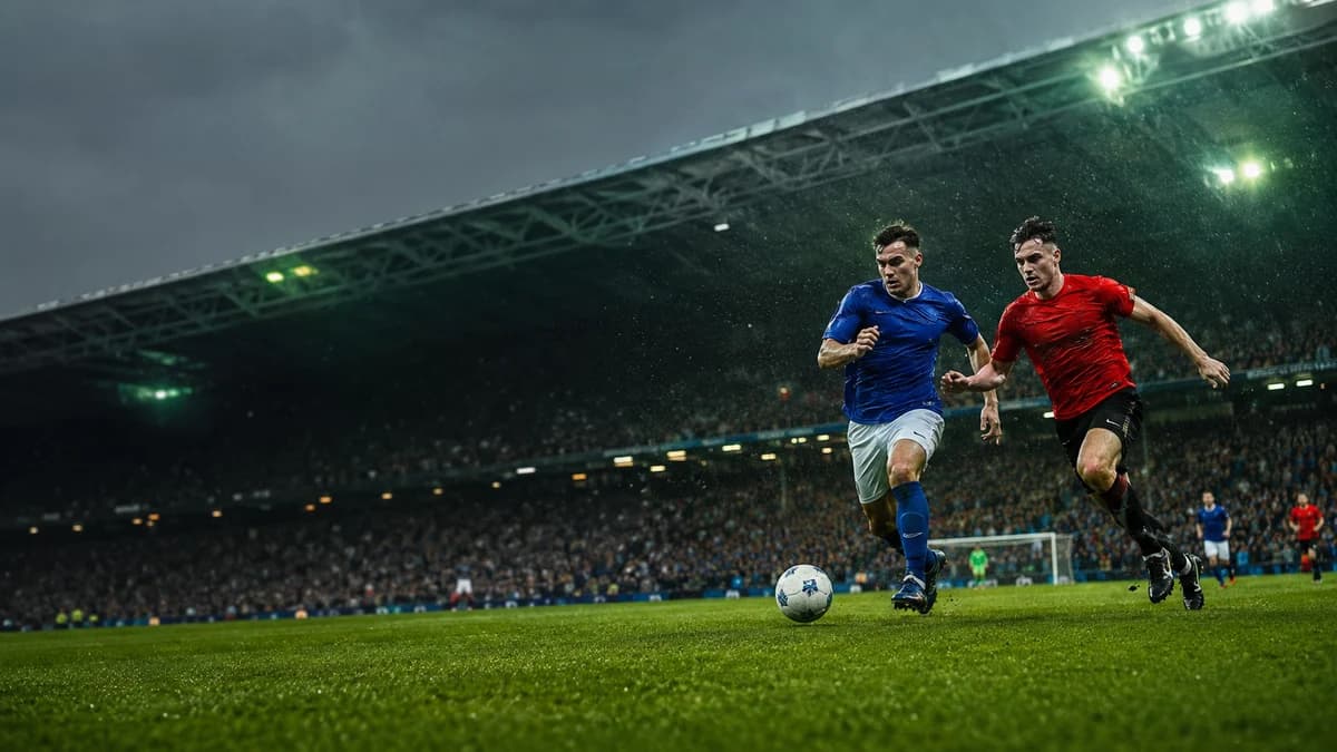 AI editorial scene of anonymous blue and red footballers competing in a floodlit stadium