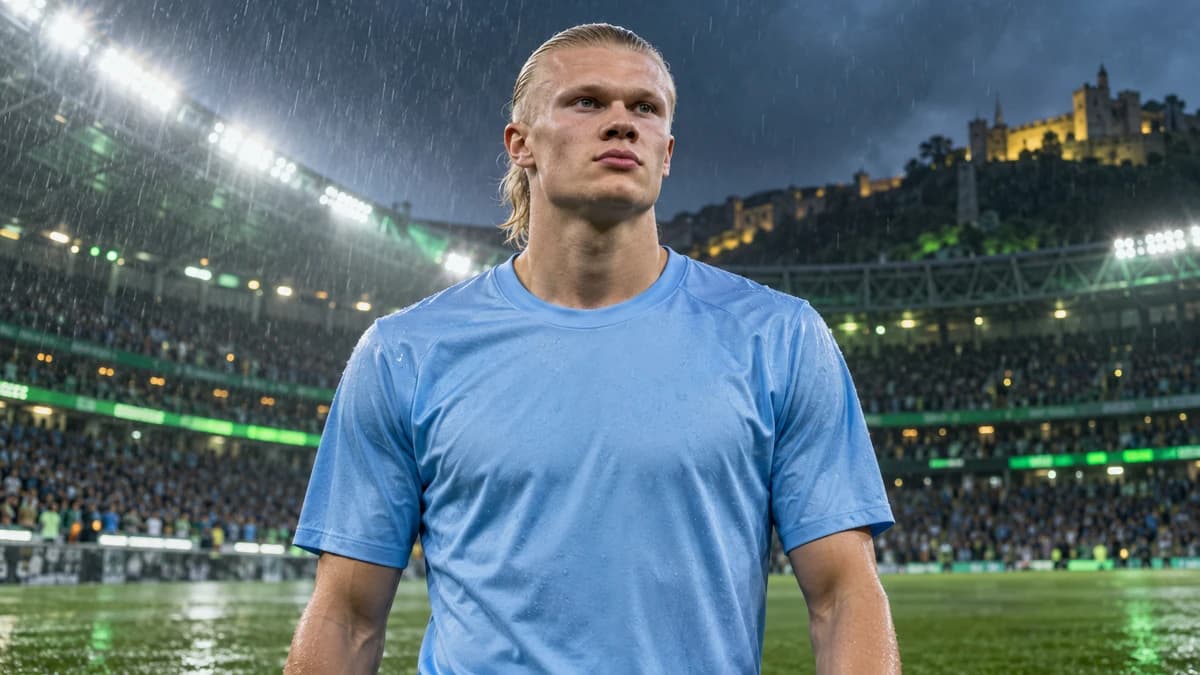AI editorial illustration of Erling Haaland in a generic sky-blue shirt inside a rain-soaked stadium