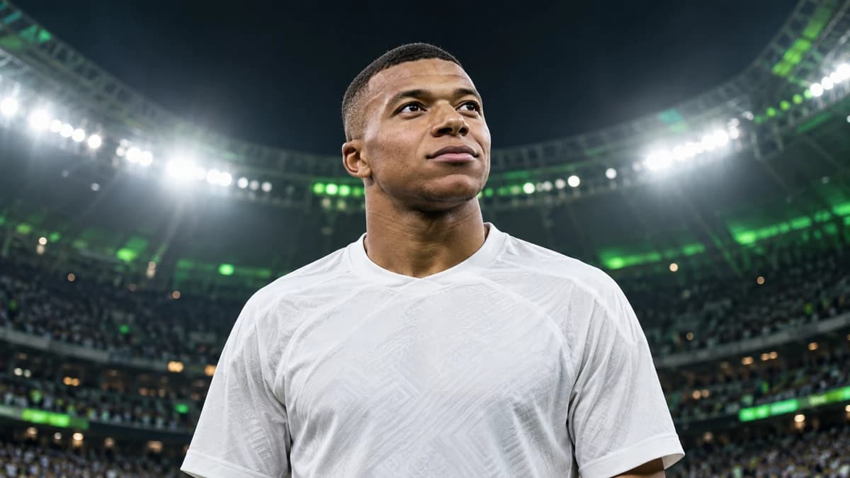 AI editorial illustration of Kylian Mbappé in a generic white shirt inside a floodlit stadium