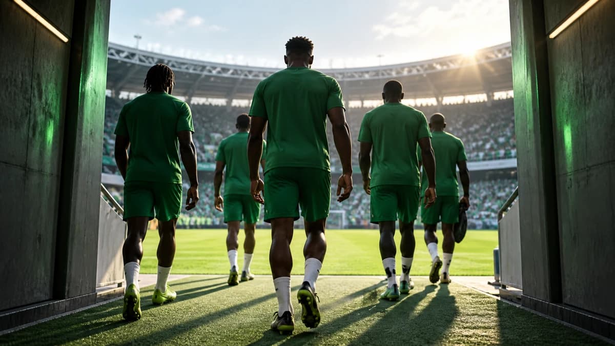 AI editorial illustration of anonymous Nigerian footballers entering a green stadium