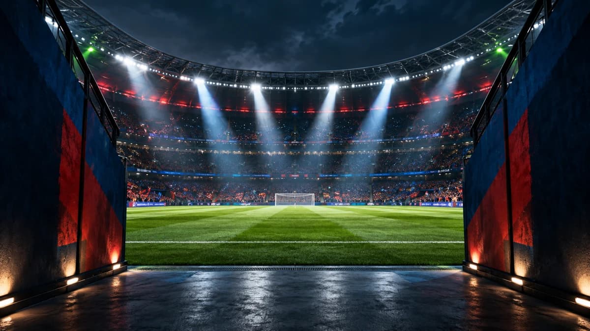 AI editorial illustration of an empty floodlit European stadium tunnel