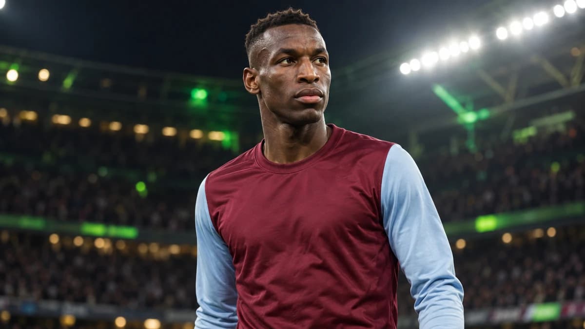 AI editorial illustration of Nicolas Jackson in generic claret and blue inside a stadium