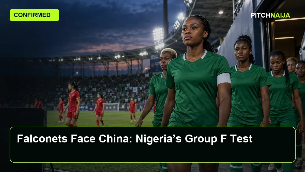 AI editorial illustration of an anonymous Nigeria women’s footballer in green beneath stadium lights