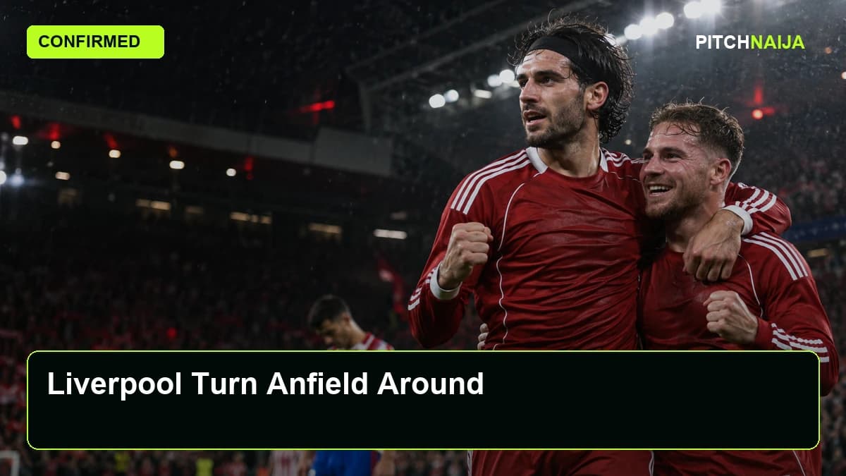 AI editorial illustration of two anonymous Liverpool midfielders celebrating beneath Anfield-style floodlights