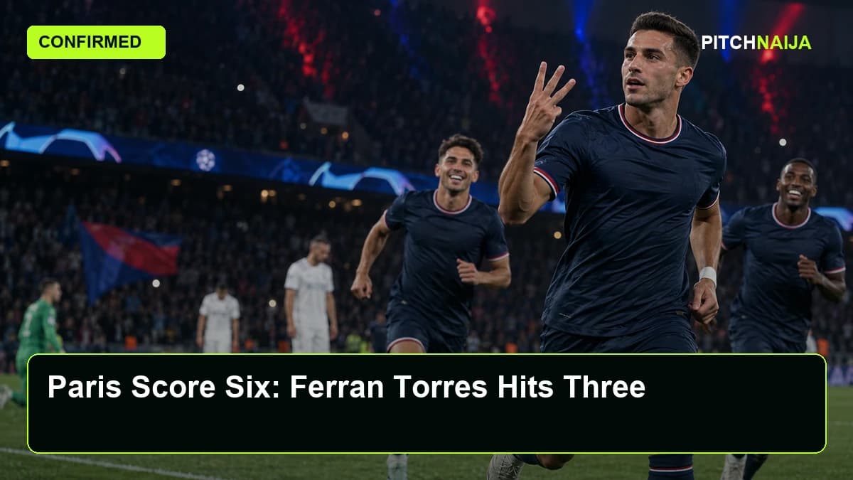 AI editorial illustration of an anonymous Paris forward celebrating a hat-trick beneath blue stadium lights