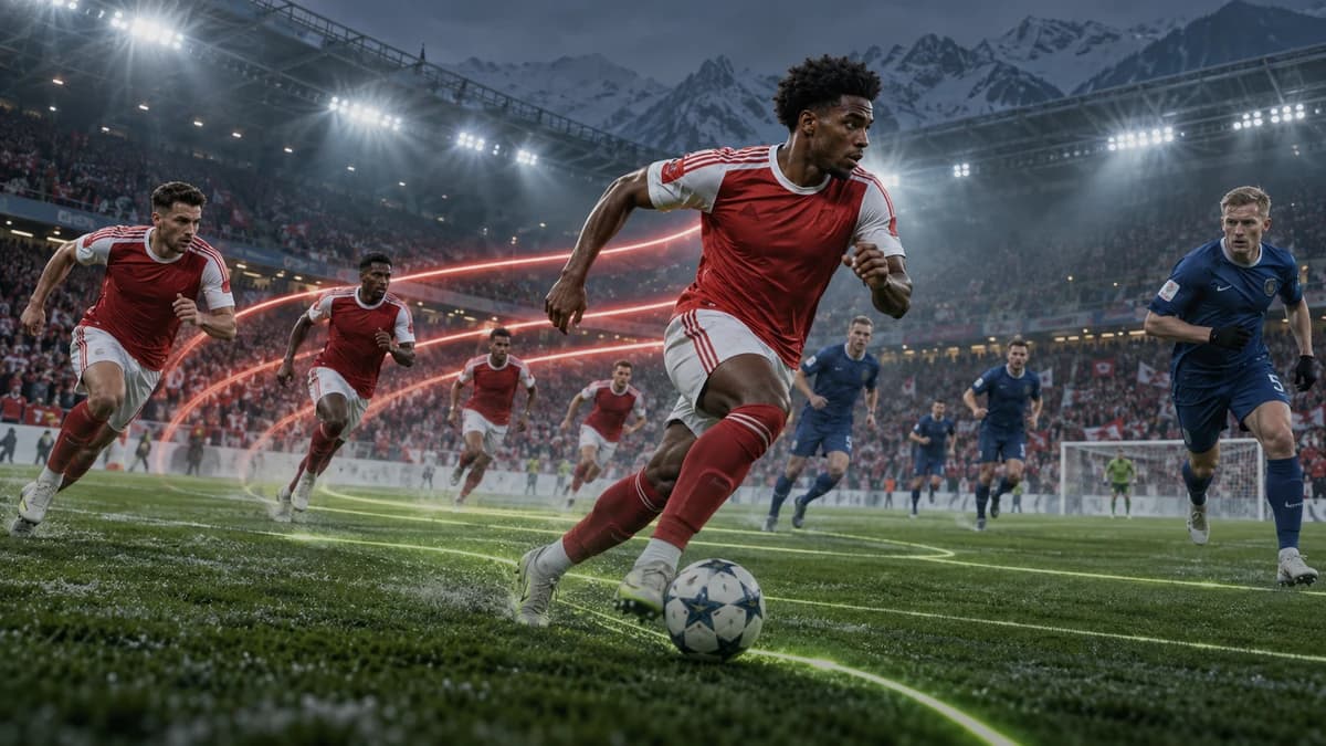 AI editorial illustration of an anonymous Bayern player attacking beneath red stadium lights