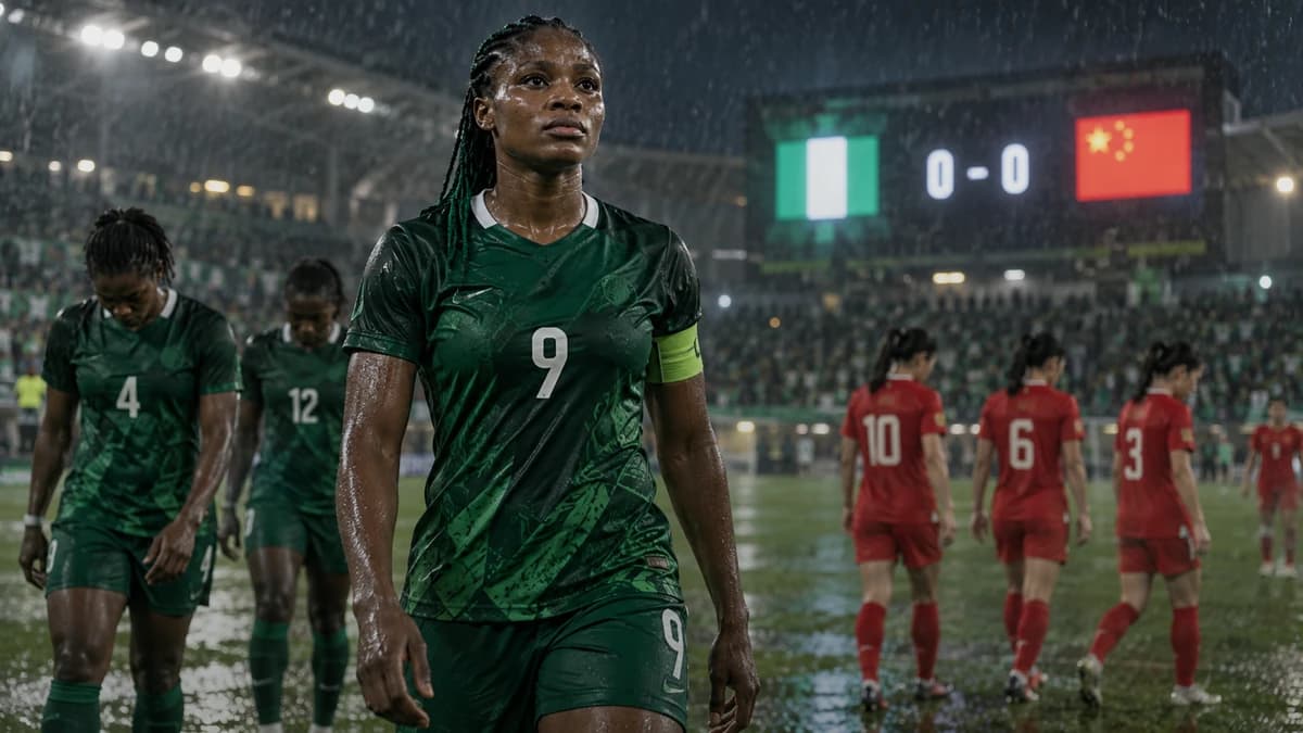 AI editorial illustration of an anonymous Nigeria women’s footballer in green beneath stadium lights