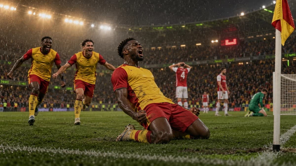 AI editorial illustration of anonymous Lens players celebrating beneath amber stadium lights